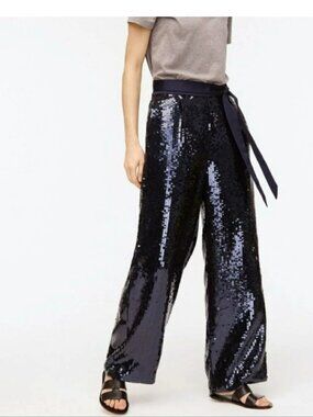 NWT J. CREW Collection‎ Navy Blue Tie Waist Wide-Leg Sequin pants Size L AI221